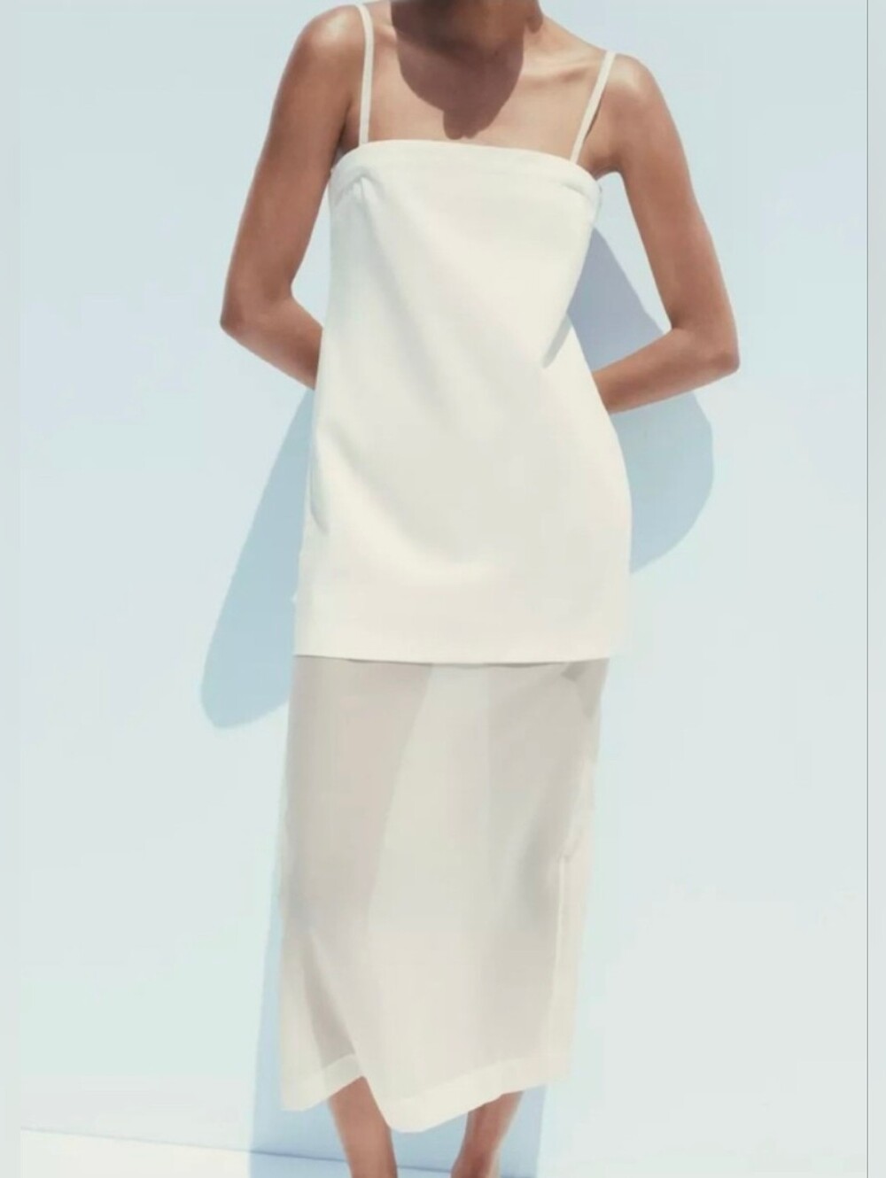 Zara Ivory Midi Dress With Straight Neckline And Sheer Hem Size L